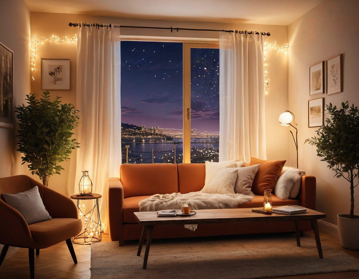 A visually captivating illustration of a serene scene featuring a cozy, softly-lit room with a plush sofa and a laptop open, streaming vibrant and tasteful adult content. Include subtle elements that convey allure, such as a glass of wine and delicate fairy lights. The atmosphere is inviting, with warm colors to enhance the feeling of comfort and exploration. highly detailed. warm hues. intimate setting. magical ambiance.