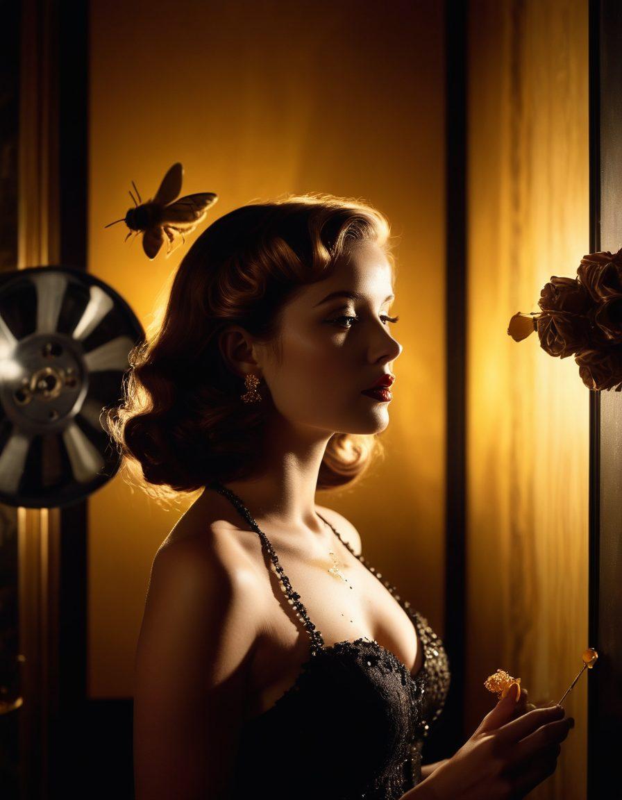 An alluring scene featuring a glamorous film noir setting, with a vintage film reel and soft, golden honey drizzling over sultry silhouettes of film stars. Incorporate hints of sensuality with shadows and dramatic lighting, while maintaining an air of sophistication. Include a touch of bees and honeycomb to highlight the theme of indulgence. cinema style. dark tones. vibrant golds. retro aesthetics. high contrast.
